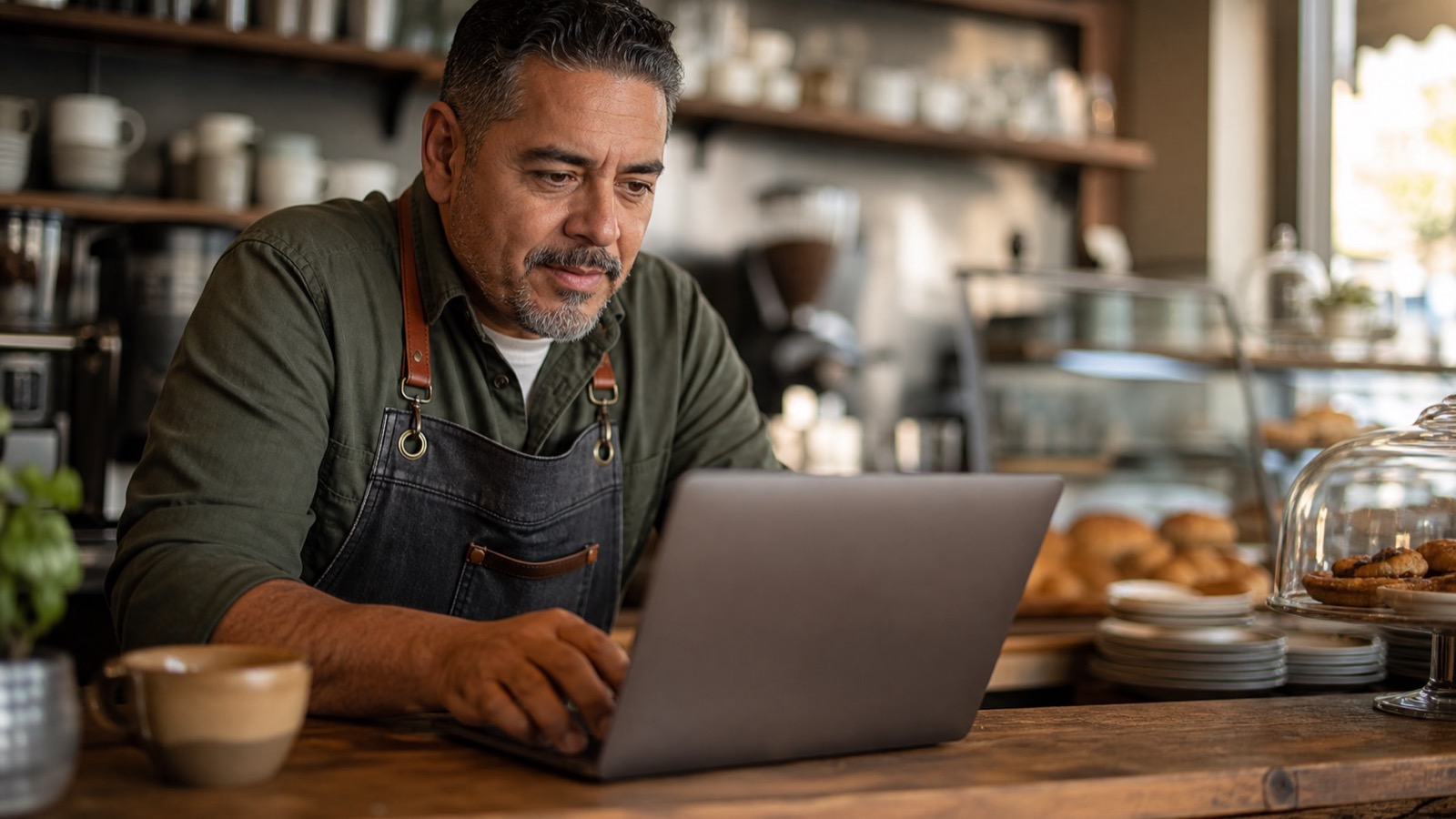 A cafe owner planning social posts on a laptop