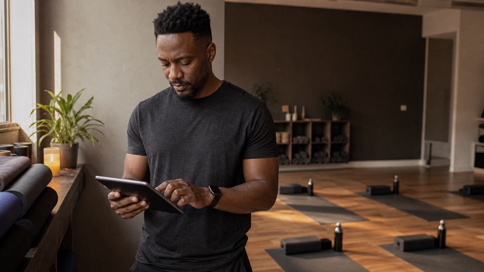 A coach checking class bookings on a tablet in a studio