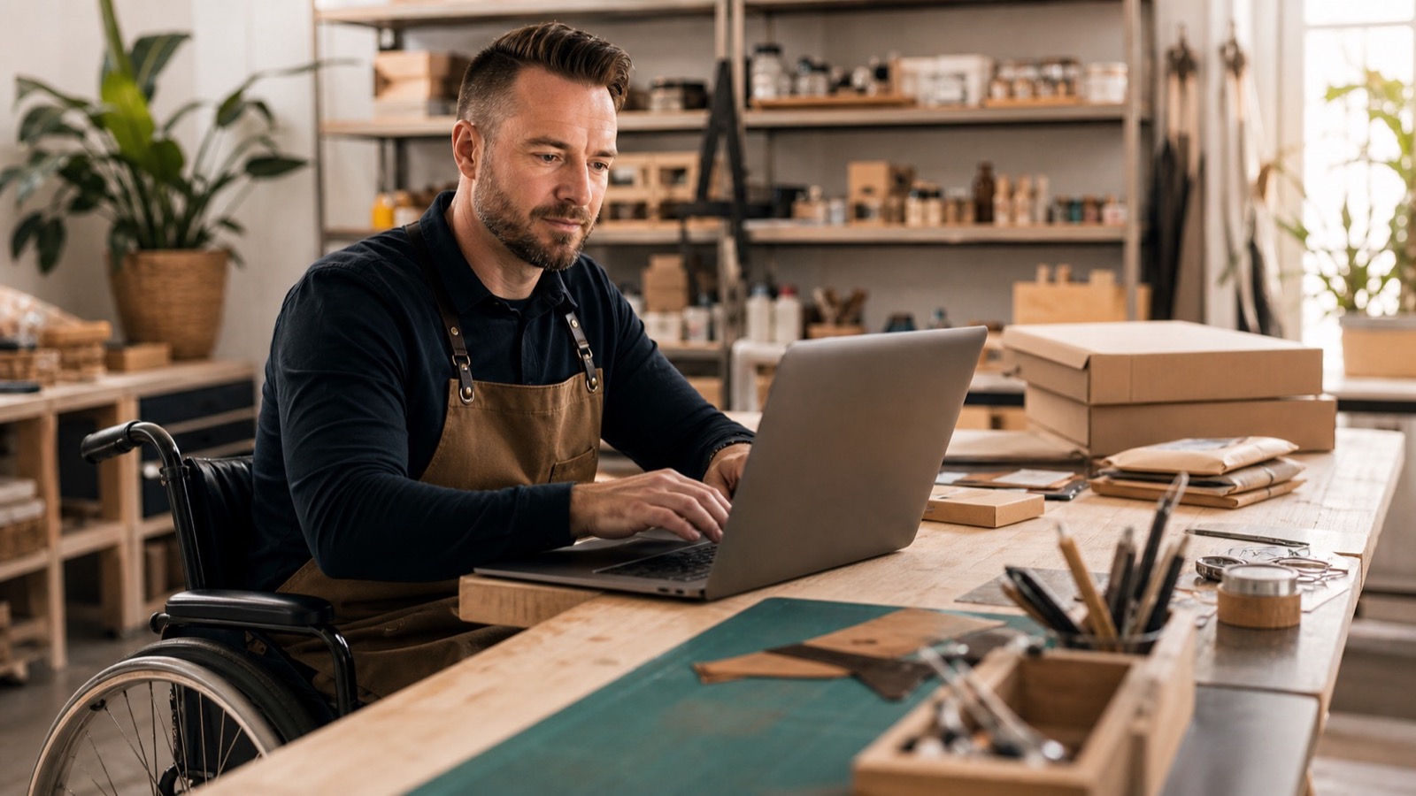 A creative workshop owner using a laptop beside packaged orders
