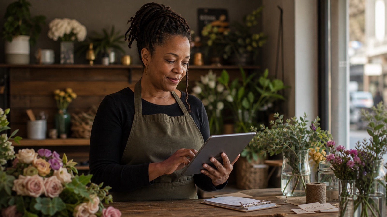 A studio owner checking customer messages on a tablet