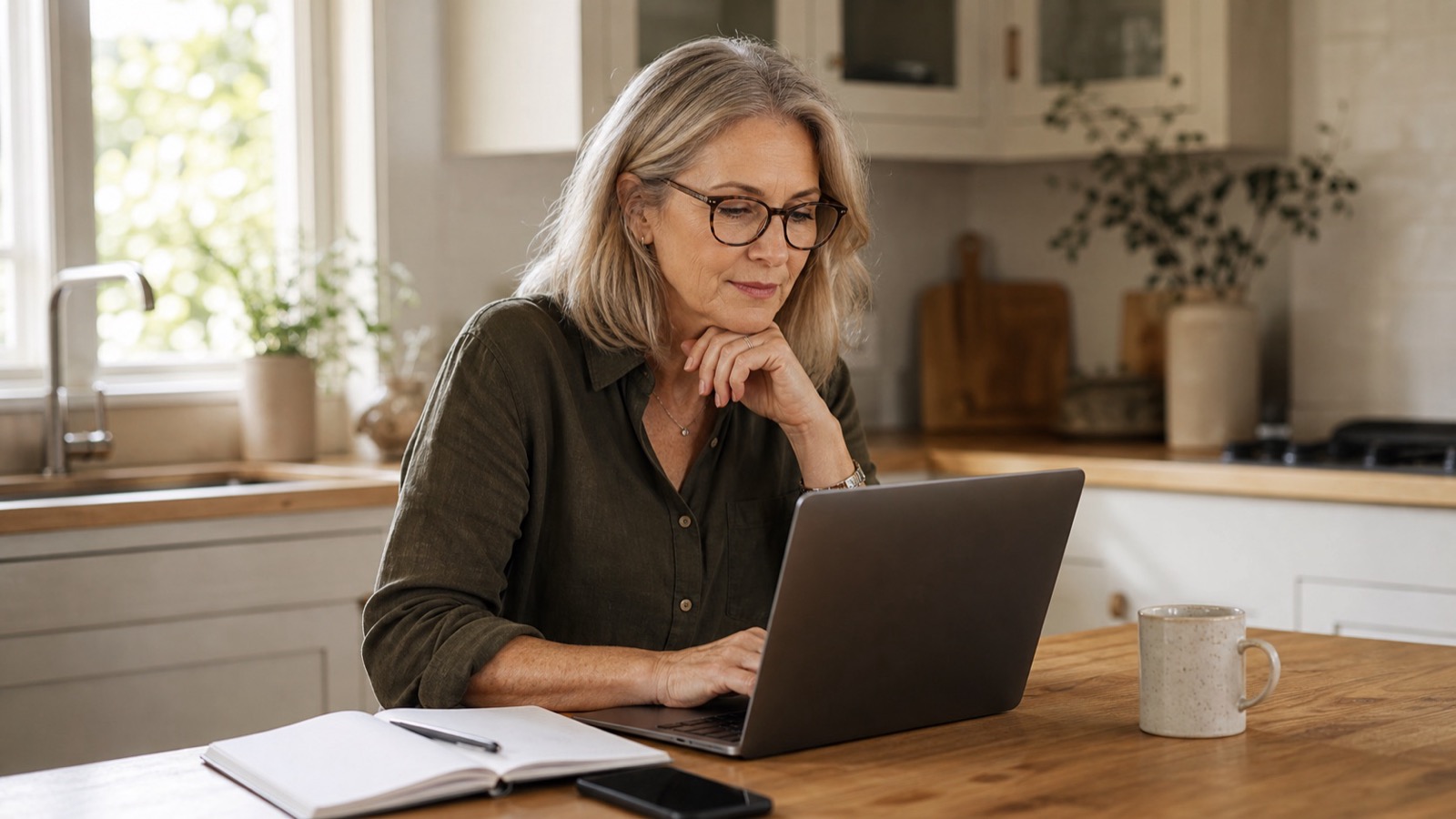A consultant reviewing customer notes at a kitchen table