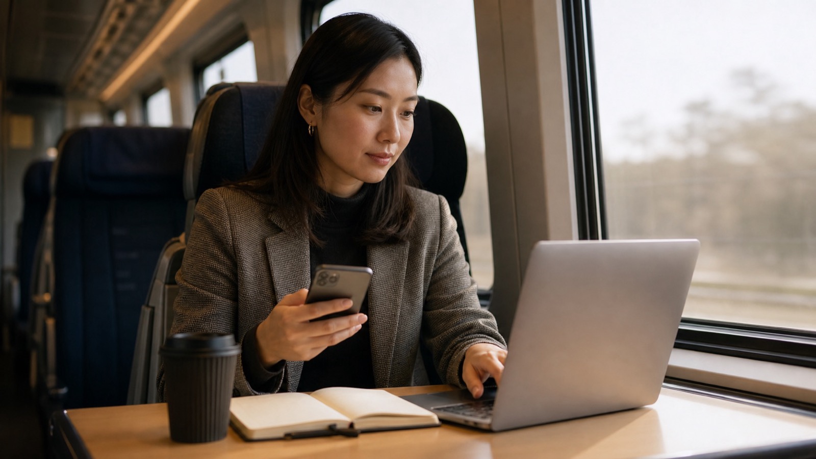 A business owner checking work on a laptop while travelling by train