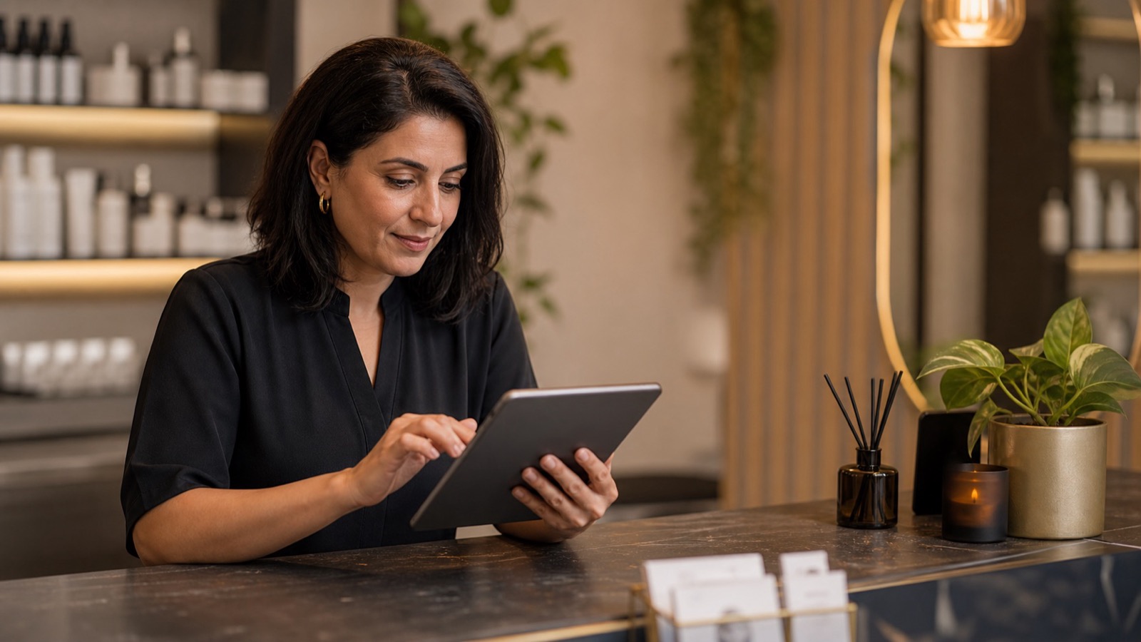 A studio owner reviewing appointments on a tablet